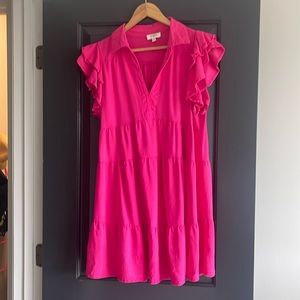 Umgee Hot Pink Linen Blend Tiered Dress with Ruffled Sleeves Medium